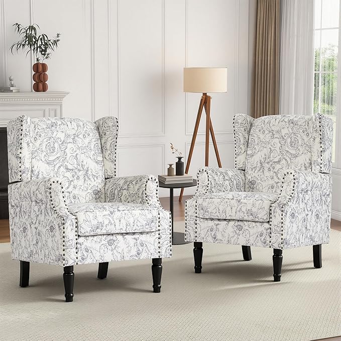 High Back Floral Accent Chairs Set of 2, Fabric Wingback Chair Upholstered Armchair for Living Room - Rococo Light Gray