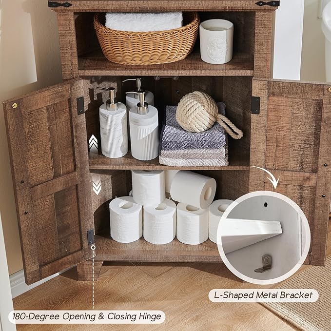 ACCOHOHO Corner Bathroom Cabinet, Farmhouse Small Corner Cabinet with Barn Door & Adjustable Shelf, Storage Cabinets for Bathroom, Kitchen, Living Room, Rustic Brown