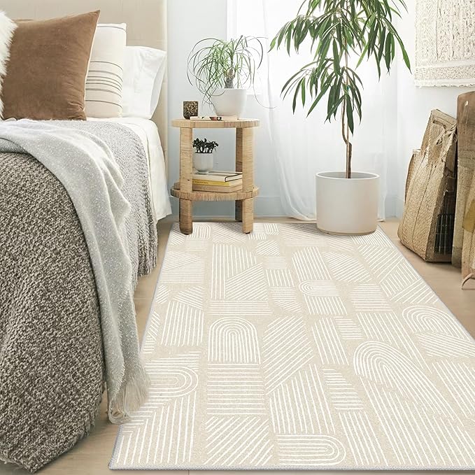MUJOO 3x5 Washable Rug,Mid Century Modern Abstract Non Slip Low Pile Area Rug,Neutral Beige and White Rug for Living Room Bedroom Entryway