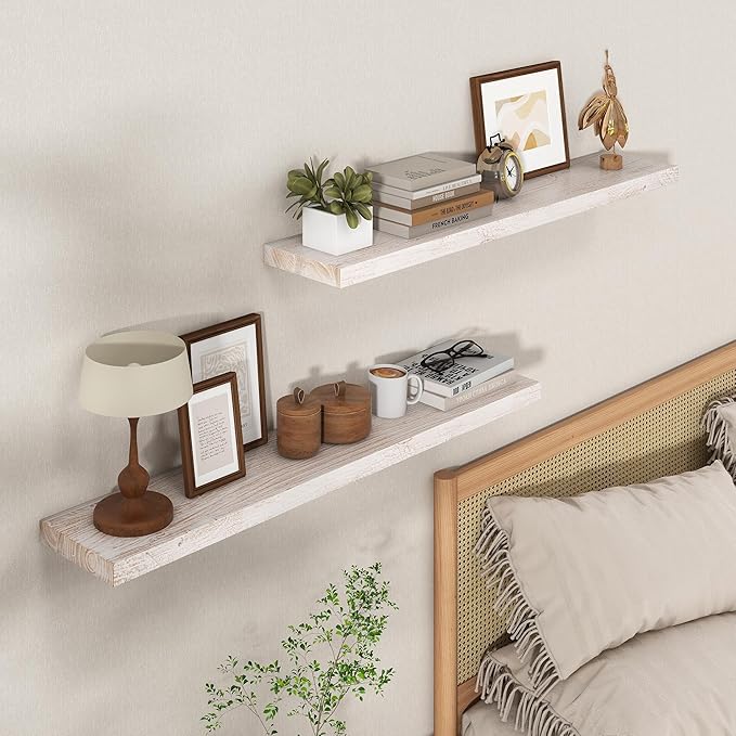 Axeman Floating Shelves for Wall, 8 Inch Deep Rustic Solid Elm Wood Wall Shelves for Storage, Wall Mounted Display Shelving with Invisible Heavy-Duty Metal Bracket, 36'' Width Set of 2, White Wash