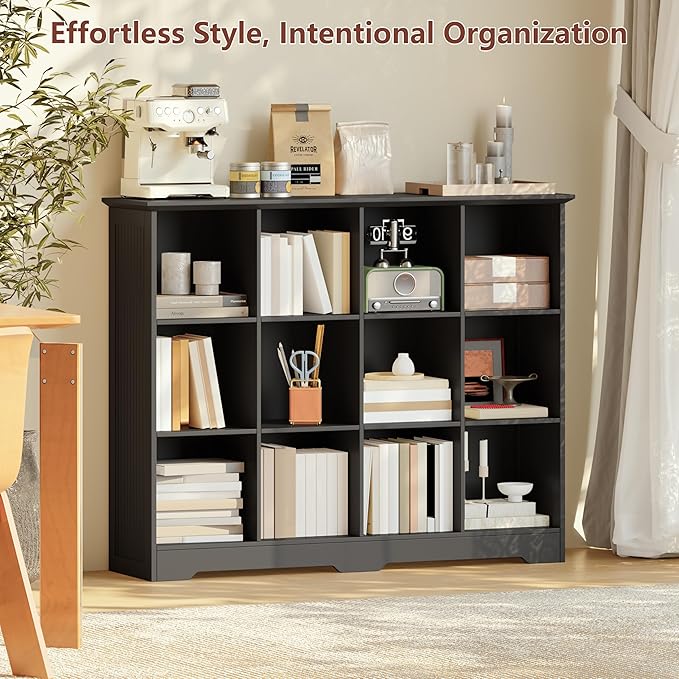 VORONOI 12 Cube Storage Organizer with 6 Fabric Drawers and Removable Shelves — Modular Cube Bookshelf for Bedroom, Living Room, or Home Office, Short Cube Bookcase for Toys, Decor, Black