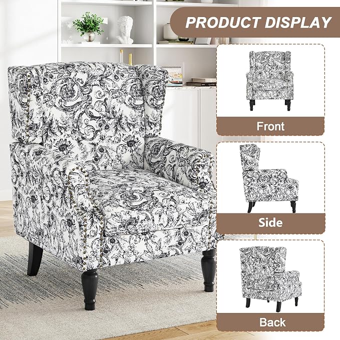 Pia Ricco Set of 2 Floral Accent Chairs, High Back Upholstered Armchairs with Retro Wingback Design, Nailhead Trim & Solid Wood Legs for Living Room Bedroom Home Office(Rococo Black)