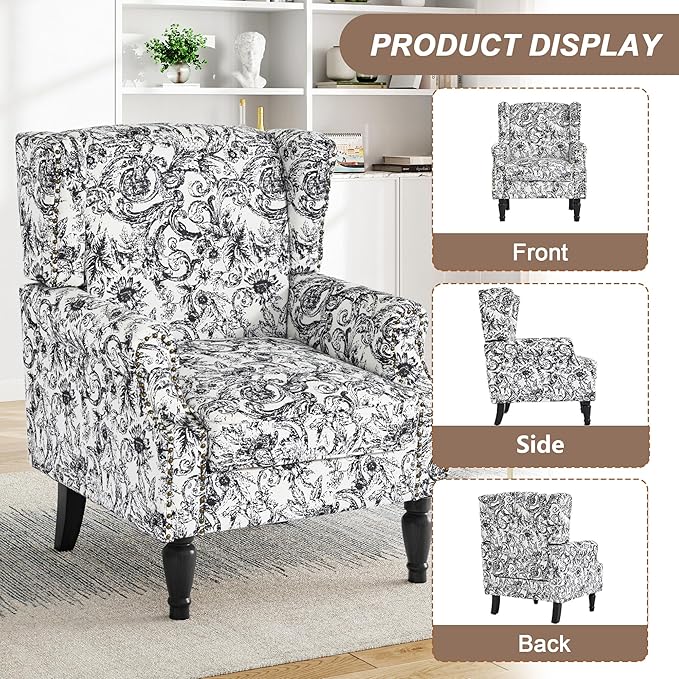 Pia Ricco High Back Floral Accent Chair - Retro Wingback Upholstered Armchair with Nailhead Trim, Solid Wood Legs, Fabric Living Room Bedroom Reading Chair (Rococo Black)