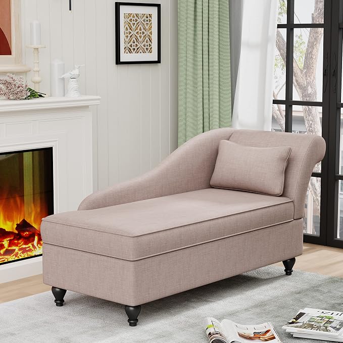Indoor Storage Chaise Lounge Upholstered Fabric Lounge Chair Living Room Bedroom Corner Small Chaise Sofa Recliner with Wood Legs (Right Arm) Tan