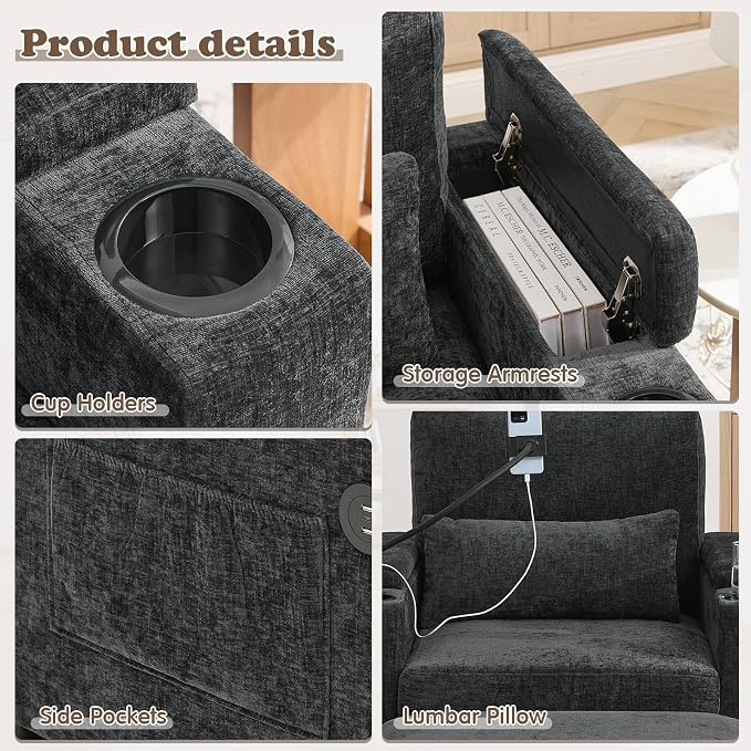 Small Chaise Lounge Chair Indoor with Ottoman&Adjustable Backrest,Chenille Tufted Recliner Comfy Sofa Chair with USB,Phone Holder&Storage Arms,Convertible Sleeper Couch Bed for Living Room(37"W,Black)