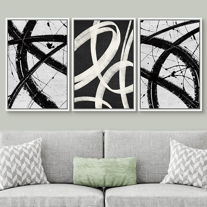SIGNWIN Framed Canvas Print Wall Art Set Geometric Duotone Ring Landscape Graffiti & Street Art Abstract Illustrations Modern Art Decorative Nordic for Living Room, Bedroom, Office - 24"x36"x3 White
