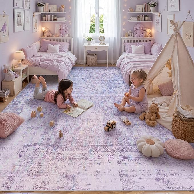 Kokia Abstract Area Rugs 9x12 Bedroom Washable Decor Low Pile Non-Slip Non-Shedding Indoor Lavender Carpet Foldable Stain Resistant Floor Mat Living Room Dining Room