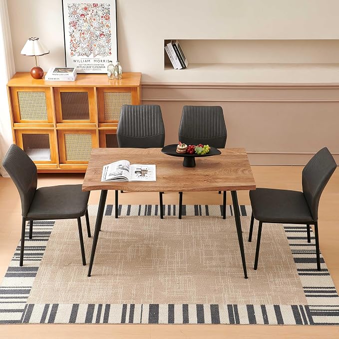 Dining Table Set for 4, Modern Wood Irregular Rectangle Dining Table,Leather Dining Chairs 4,Table and Chairs Set of 4 for Kitchen Dining Room, Dark Grey