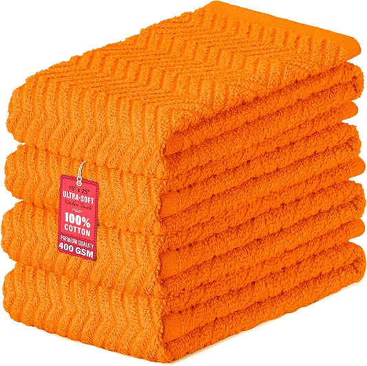 DecorRack 4 Pack Kitchen Towels, 100% Cotton Dish Towels, 15 x 25 Inch Absorbent Kitchen Towels for Drying Dishes, Hand Towels, Kitchen Cleaning Cloths, Orange (Set of 4)