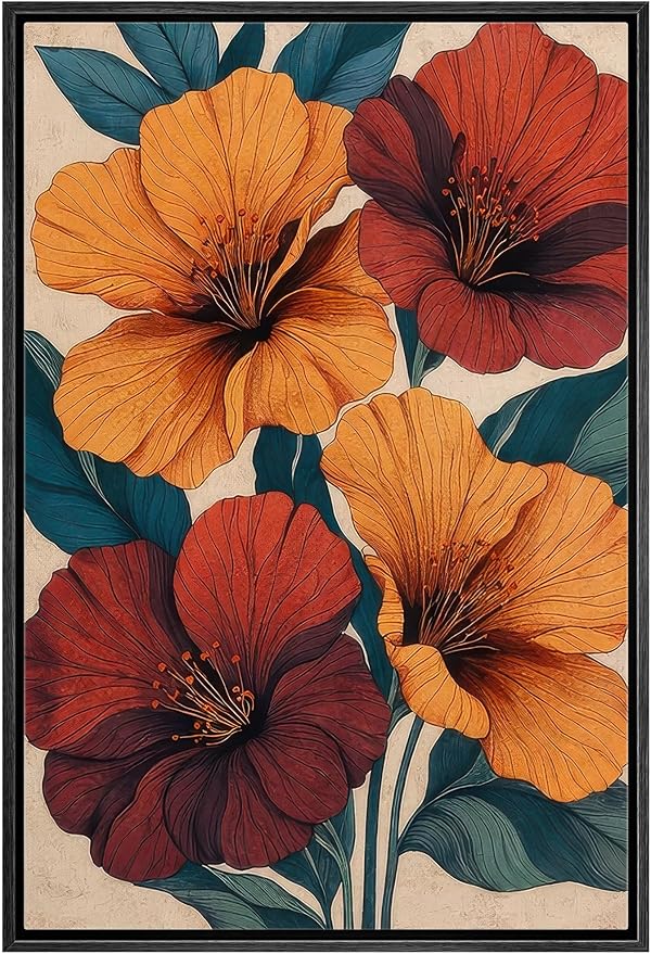 Woodrose Framed Canvas Print Wall Art Vibrant Hibiscus Floral Botanical Illustrations Modern Art Minimalist 3D Colorful Ultra for Living Room, Bedroom, Office - 16"x24" BLACK