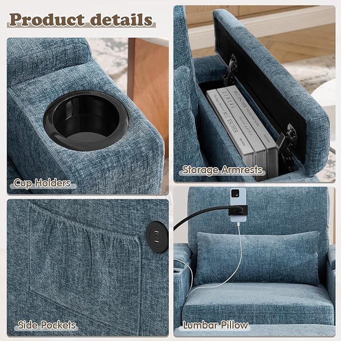 Small Chaise Lounge Chair Indoor with Ottoman&Adjustable Backrest,Chenille Tufted Recliner Comfy Sofa Chair with USB,Phone Holder&Storage Arms,Convertible Sleeper Couch Bed for Living Room(37"W,Blue)