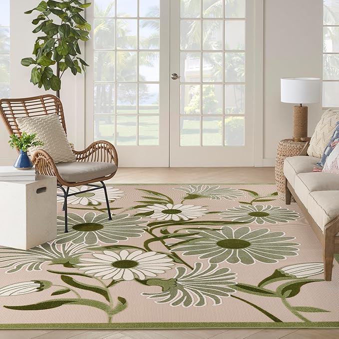 Nourison Home Aloha Ivory Green 9' x 12' Area Rug - Easy Clean, Non Shedding, Bed Room, Living Room, Dining Room, Kitchen (9' x 12')