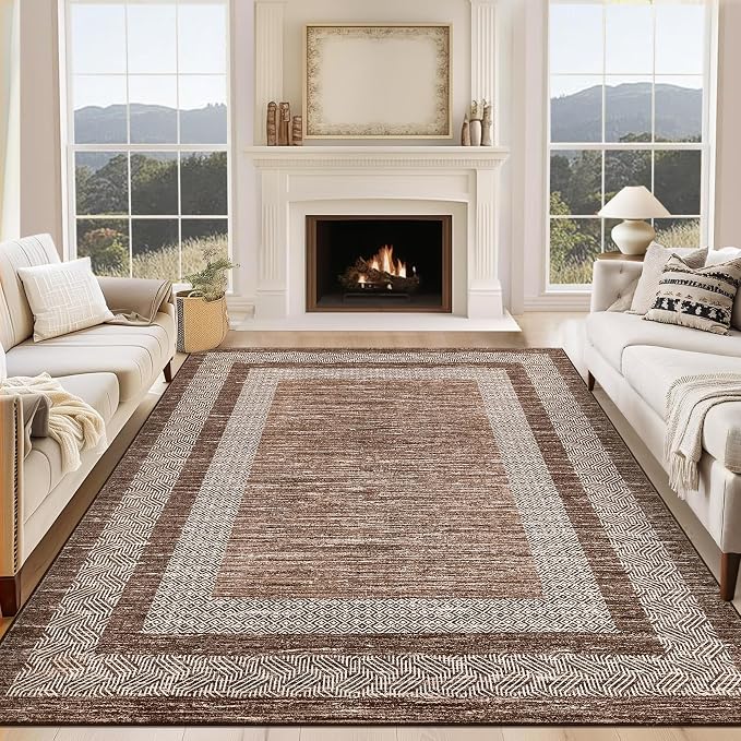 GarveeHome Large Washable Rug 9x12 Modern Geometric Non Slip Distressed Bordered Printed Rug, Soft Non Shedding Indoor Carpet, Low Pile Thin Foldable Mats for Open Spaces Offices, Brown