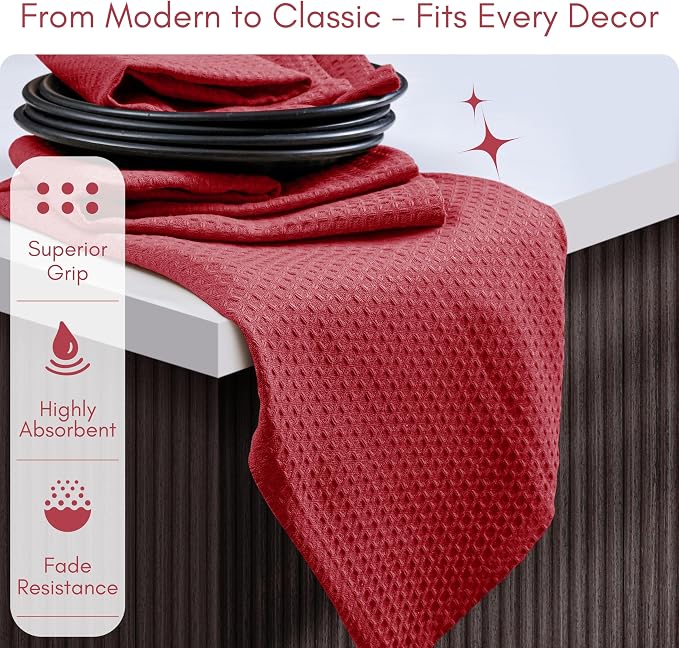 TWINY threads Waffle Dish Towel, 4 Pack, 16x26 Inch, Premium Large 100% Cotton Kitchen Linen Set, Absorbent Cloth for Drying Dishes, Cookware, Quick Drying, Reusable & Machine Washable Wash Rags, Red