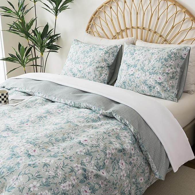 HoneiLife Botanical Duvet Cover King - 100% Cotton Comforter Cover 3-PC, Floral Bedlinen Set with Zipper Closure & Corner Ties, Wildflower Comforter Cover Sets, Greenery
