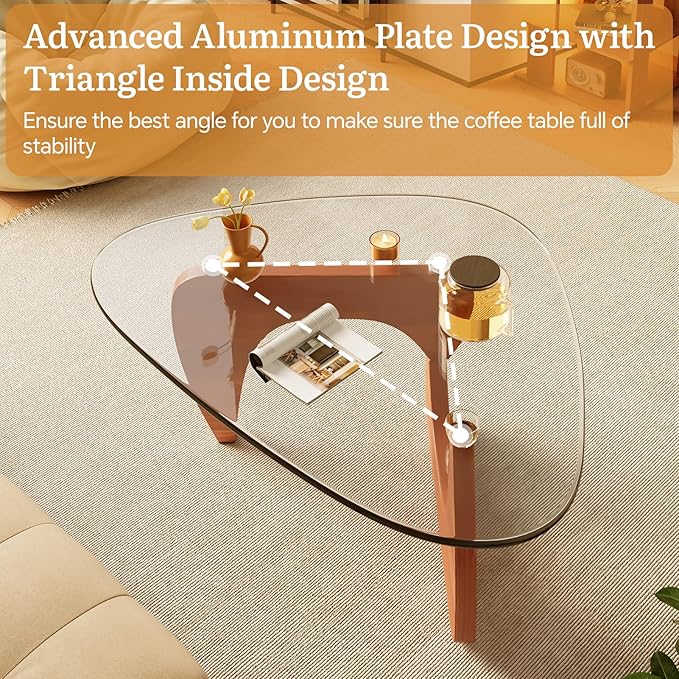 Coffee Tables Glass Small Farmhouse Coffee Table Mid-Century Modern Wood Center Table for Living Room, Walnut Transparent, 45 Inch