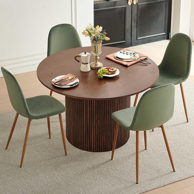 Dining Table Set for 4, Mid Century Modern 47 Inch Wooden Round Dining Table Set, Space Saving (Table + 4 Green Chairs)