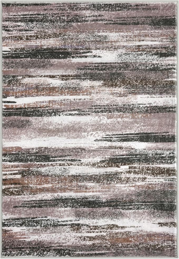 Lansny Modern Abstract 5x7 Machine Washable Area Rug Non-Slip Soft Bedroom Living Romm Rug Dark Light Brown White Ultra Thin Print Faux Wool Floor Carpet Throw Rugs for Dining Room Indoor Office