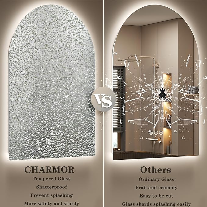 Backlit Arched LED Bathroom Mirror 24x36 Inch, Dimmable LED Vanity Mirror with Lights, Anti-Fog, 3 Colors, Memory, ETL Listed