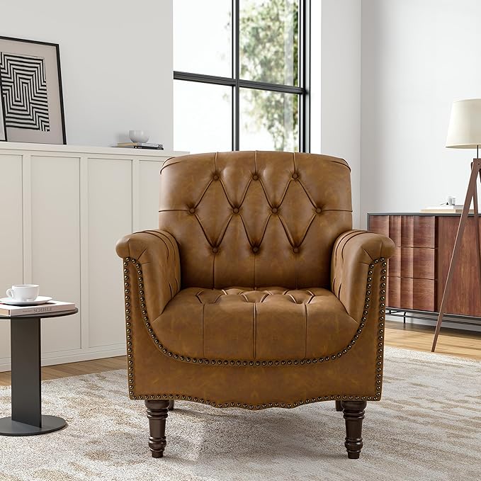 Faux Leather Club Chair, Retro Upholstered Armchair Accent Chair with Solid Wood Legs & Nailhead Trim for Living Room, Bedroom, Reading Room, Camel