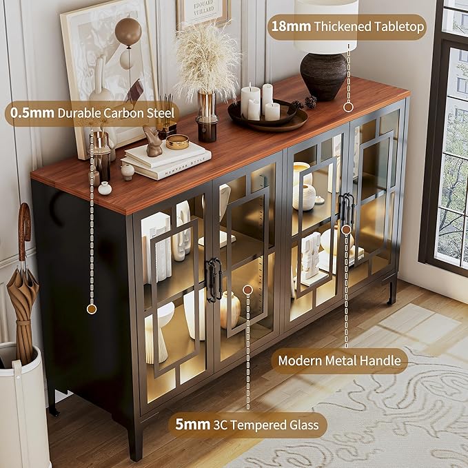 53" Glass Sideboard Buffet Cabinet with COB Lights, Adjustable Shelves, Modern Metal-Wood Buffet Table with Storage, Lighted Coffee Bar Display Cabinet for Dining Room Kitchen, Black