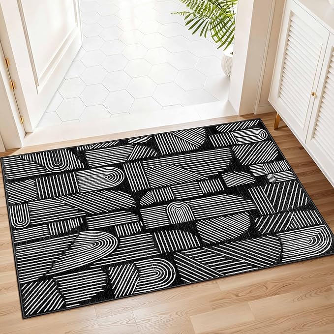 MUJOO 2x3 Washable Rug,Mid Century Modern Abstract Non Slip Low Pile Small Area Rug,Black and White Rug for Entryway Bathroom Kitchen Bedroom