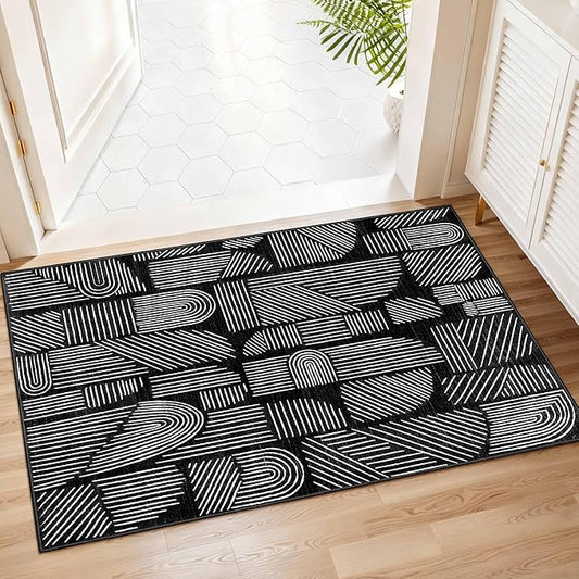 MUJOO 2x3 Washable Rug,Mid Century Modern Abstract Non Slip Low Pile Small Area Rug,Black and White Rug for Entryway Bathroom Kitchen Bedroom