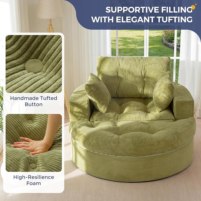 MAXYOYO Oversized Round Chaise Lounge Sofa, Upholstered Lounge Chair with 3 Pillows, Boneless Sofa Couch with Ottoman, Deep Seat Chair for Living Room, No Assembly, Green