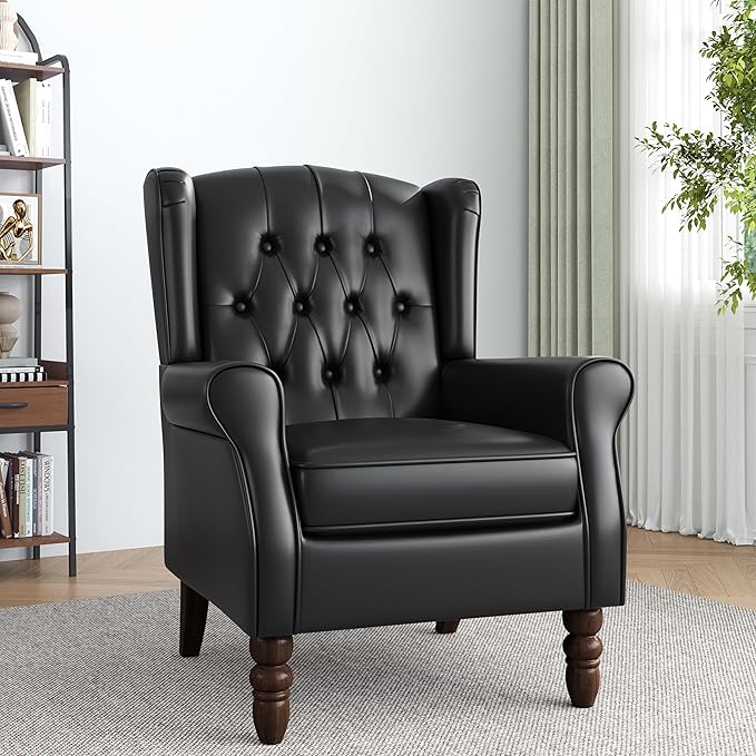 Faux Leather Accent Chair, High Back Upholstered Chair with Button Tufted, Mid-Century Modern Comfy Wingback Chair Reading Armchair for Living Room for Bedroom, Office-P Black