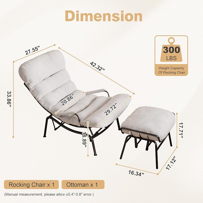 ovios Glider Rocking Chair with Ottoman, Mid-Century Modern Recliner Chair with Footrest, Comfy Gliding Rocker Lazy Accent Armchair for Living Room Bedroom, Cloud Plush Velvet, White