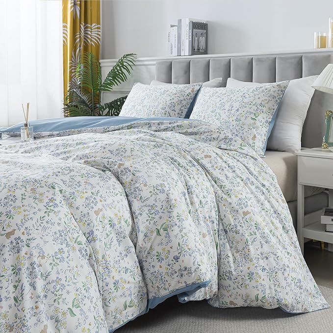 HoneiLife Cotton Duvet Cover King - Floral Comforter Cover 3-PC, Flower Bedlinen Set with Zipper Closure & Corner Ties, Wildflower Comforter Cover Sets All Season Use