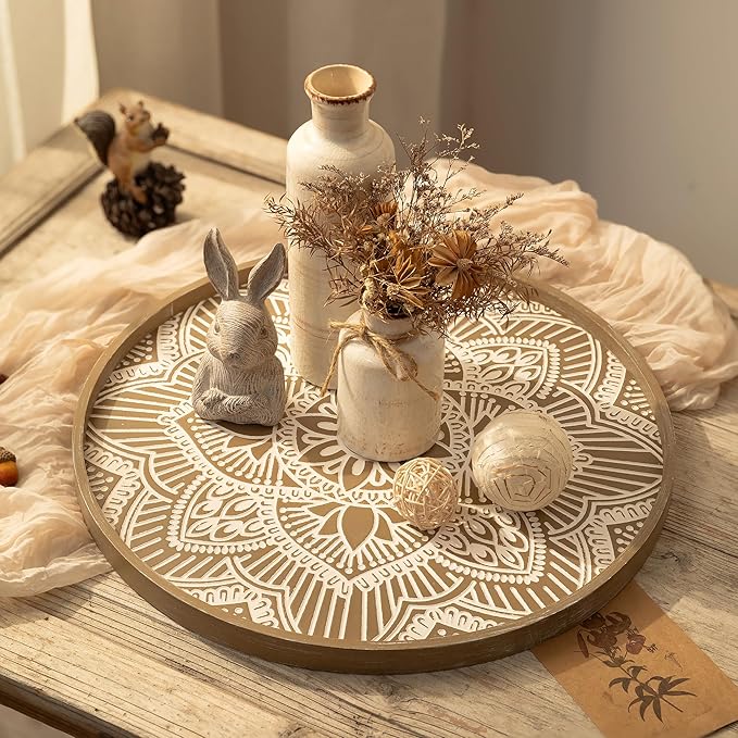 Hanobe Large Round Decorative Tray: Boho Coffee Table Trays Centerpiece for Home Decor - Rusti Brown Farmhouse Serving for Women Kitchen Counter Ottoman