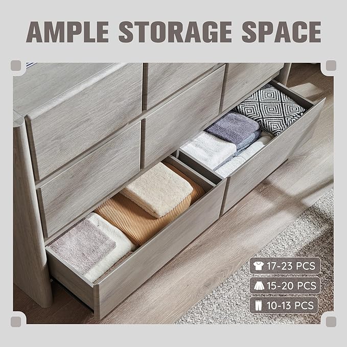 Modern 8 Drawers Dresser for Bedroom, 55" Wide Dresser w/Large Storage & Rounded Corner, Wood Handleless Chests of Drawers w/Natural Texture for Bedroom, Hallway, Living Room-Light Grey