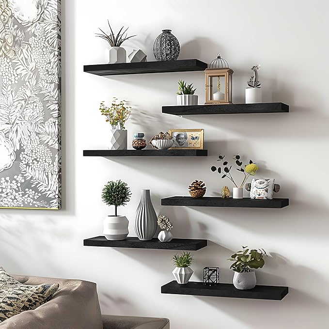 Black Wood Floating Shelves for Wall Rustic Wall Shelf for Bedroom Living Room Set of 4