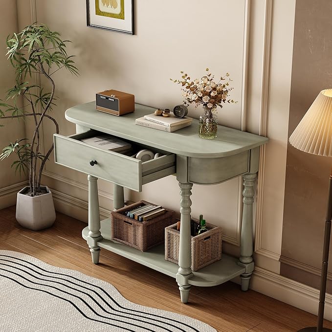 SOFTSEA Curved Console Table with Drawer and Bottom Shelf, Rustic 36 inch Entryway Table for Living Room Hallway, Save Space, Gray