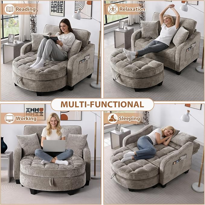 Oversized Curved Chaise Lounge Chair Indoor with Ottoman, 54.8" Cloud Boneless Reading Chair Soft Chenille Circle Couch w/Adjustable Backrest for Living Room, Apartroom, Bedroom, Brown