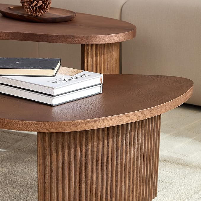 Nesting Coffee Table Set of 2, Irregular Shape Center Table 2-Piece Modern Side Table End Table for Living Room Aoartment Office, Walnut