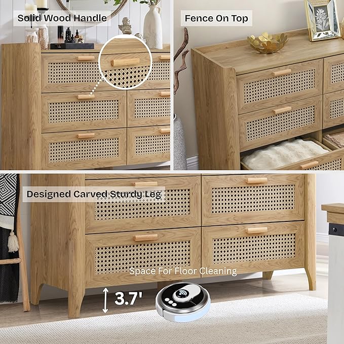 ELISA HOME Rattan-Inspired 6 Drawer Dresser for Bedroom, 47.2″ W Modern Wide Chest of Drawers, Wood Storage Organizer for Clothes, Entryway, Hallway, Nursery or Living Room, Oak