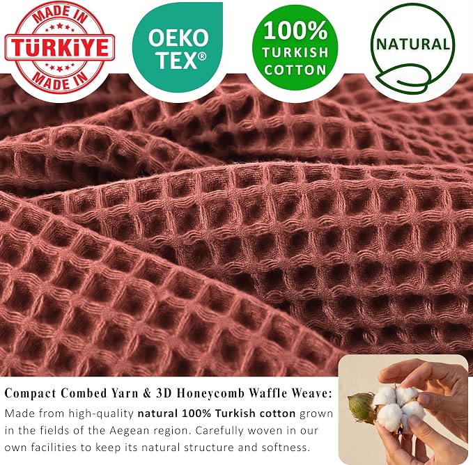 PÜSKÜL Natural 100% Turkish Cotton Waffle Kitchen Towels Set of 3 | Oeko-Tex, Premium Waffle Hand Towels for Bathroom | Soft Absorbent Quick-Dry Lint-Free Dish Towel Large 32x16 inch (3, Brick)