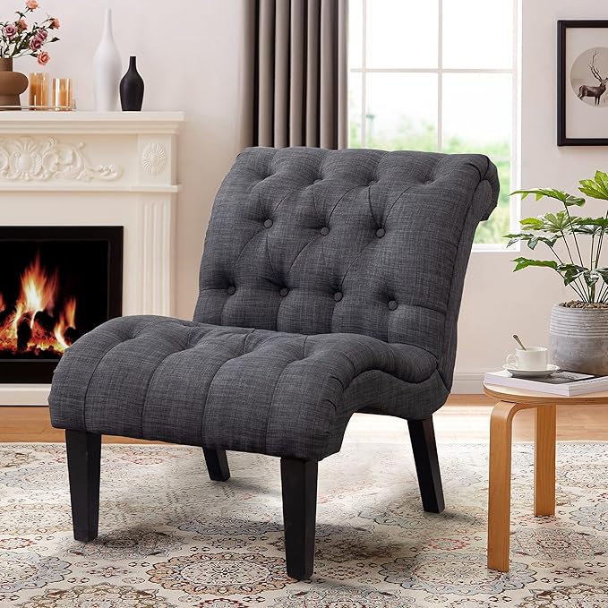 Tufted Upholstered Accent Chair for Living Room Bedroom Lounge Chair Armless Linen Slipper Chair with Wood Legs Gray