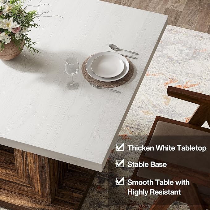 Tribesigns 47-Inch Farmhouse Dining Table for 4, White Kitchen Dinner Table with Heavy Duty Pedestal, Rustic Wooden Eating Table for Home, Dining Room, Small Space, White & Brown