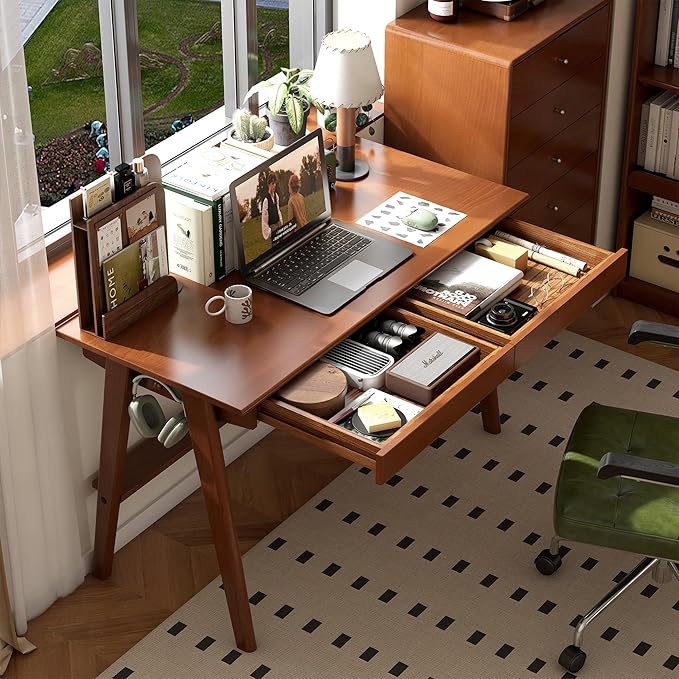 YESWOOD 100% Solid Rubber Wood Desk, Mid Century Modern Writing Computer Desk in Walnut Finish with Drawer for Home Office, Sturdy Room, Bedroom 47.24" W Teak