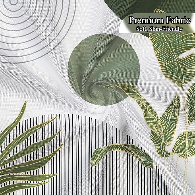 Mid Century Boho Shower Curtain, Abstract Modern Sun Minimalist Aesthetic Shower Curtain, Bohemian Geometric Arch Curve Leaves Neutral Art Fabric Bathroom Curtains Sage Green 48x72 inch