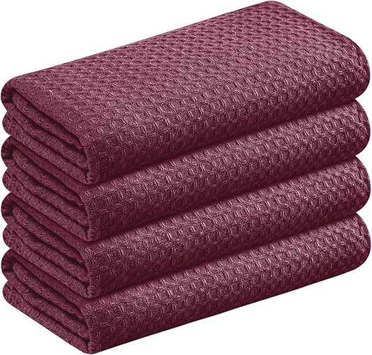 Burgundy Kitchen Towels – Waffle Weave, 100% Cotton, Soft & Absorbent, Fast Dry, Durable, 16x26 Inches, Perfect for Dish Drying, Bar, Cleaning, Hand Wipe and Everyday Use, Set of 4