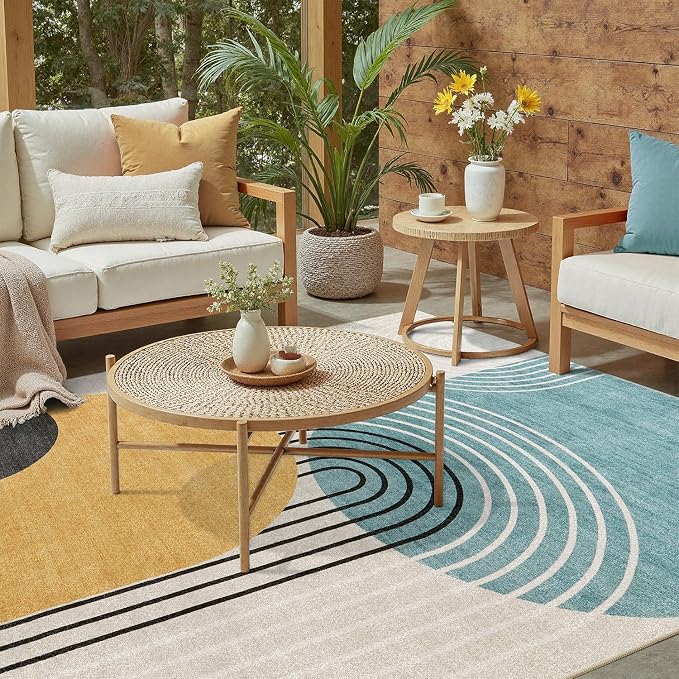 DCX Machine Washable Area Rug 4x6, Midcentury Modern Non Slip Stain Resistant Rug 4x6 for Living Room, Bedroom, Dining Room, Soft Low Pile Large Carpet, Blue & Yellow