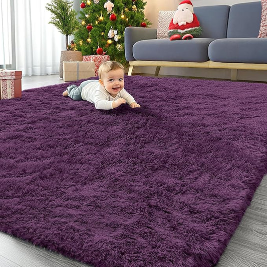 OLANLY 8x10 Machine Washable Large Area Rugs for Living Room, Bedroom, Soft Fluffy Shaggy Bedside Rug, Indoor Floor Carpet for Kids Girls and Boys, Dorms, Home Decor Aesthetic, Dark Purple