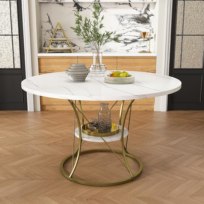 43"-59" Extendable Round Dining Table for 4-6,Mid Century Modern White and Gold Table,Expandable Kitchen Table with Storage Shelf for Small Spaces