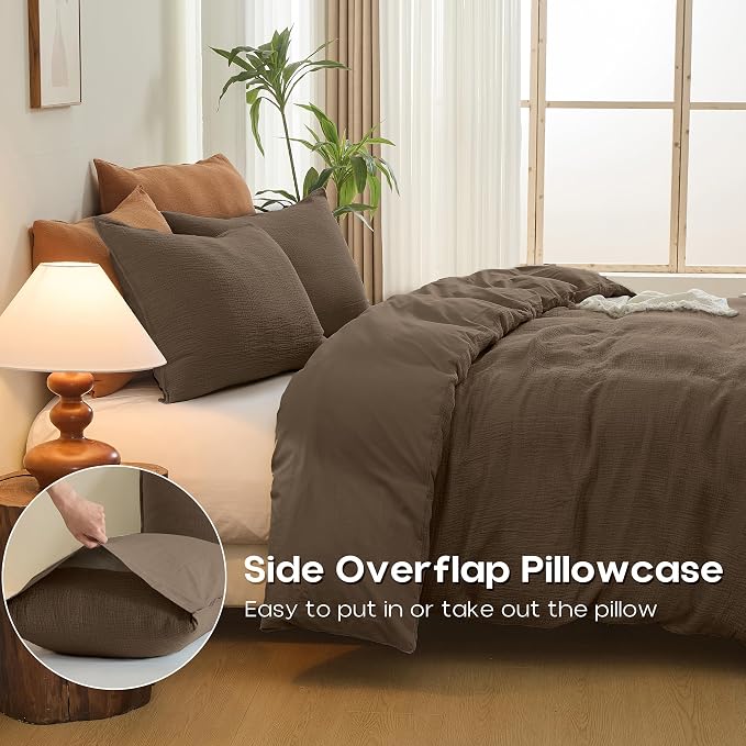 Simple&Opulence Linen Muslin Duvet Cover Set Twin Size, 3Pcs Brown Linen Cotton 3-Layer Gauze Minimalist Comforter Cover 68”x86”, Ultra Soft Breathable Seersucker Bedding Set with 1 Pillowcase