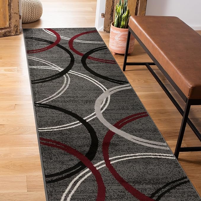 Rugshop Modern Wavy Circles Design Non-Shedding Runner Rug, Carpet for Hallway or Bathroom, Red, 2'7" x 6'