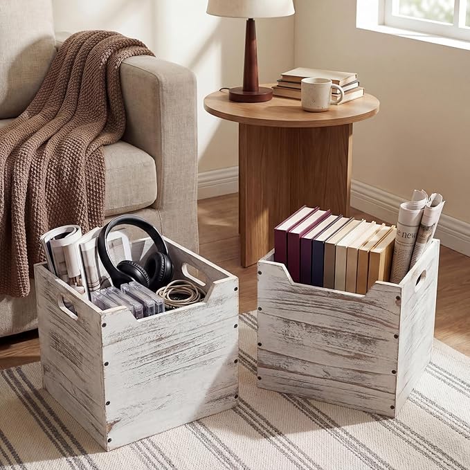 Colingmill 2 Pack Wooden Storage Box Bins Wood Crate with Open Front Stackable Cube Storage Organizer Bins for Books Records Home Pantry Clothes Toy Closet (11 Inch,White)